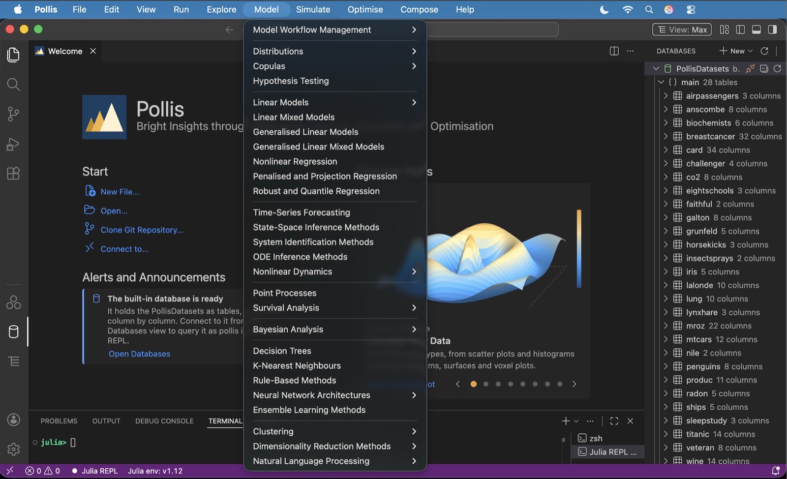 Pollis with the Model menu open, listing distributions, regression, time series, survival analysis, Bayesian analysis and machine learning methods